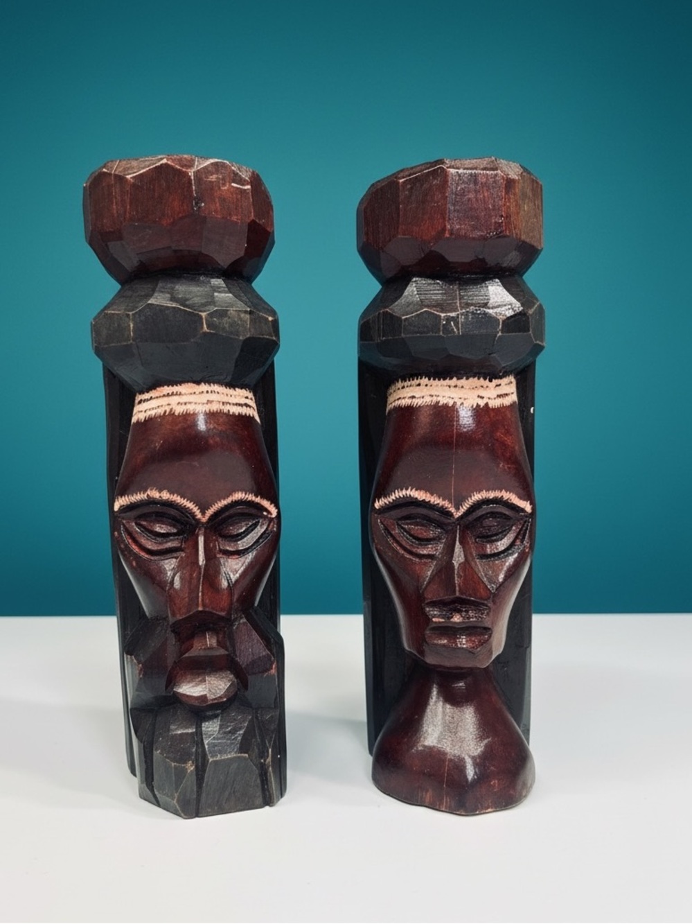 Vintage Jamaican Hand Carved Wood Statues Set Solid Ironwood Folk Art Figure
